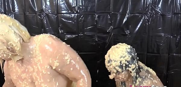  Pudding drenched grandmother licks busty les